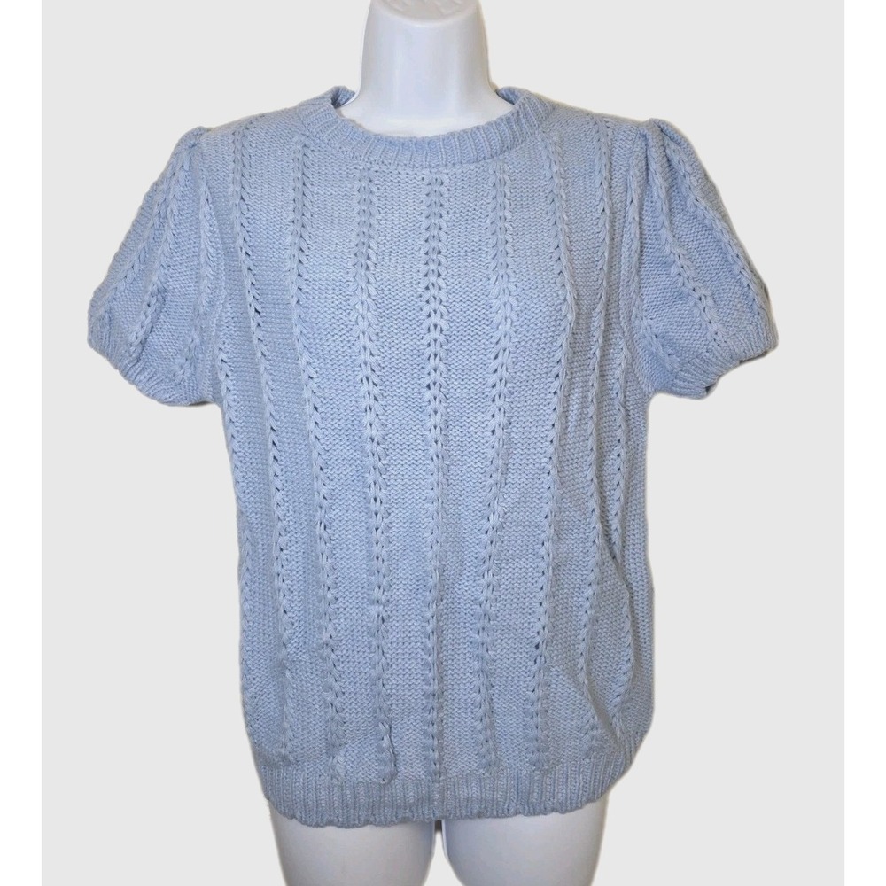 NWT Vine & Love Puff Sleeve Cable Mixed Stitch Knitted Sweater Blue Size Small